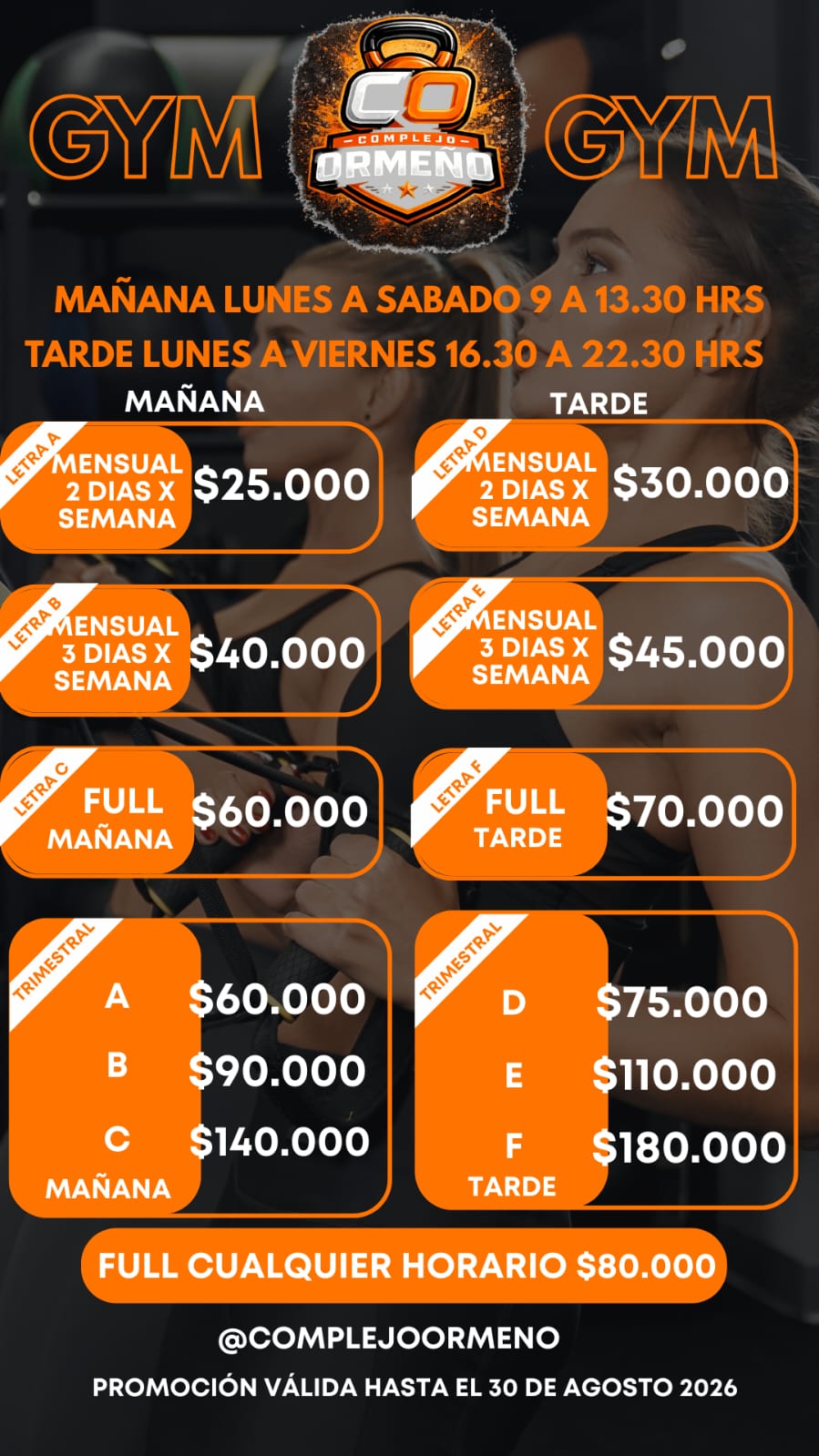 Tarifas Gimnasio Complejo Ormeño